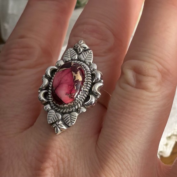 Rose Red Dahlia Turquoise Navajo Style Ring Size 9 Pure Sterling Silver 925 New - Picture 6 of 12